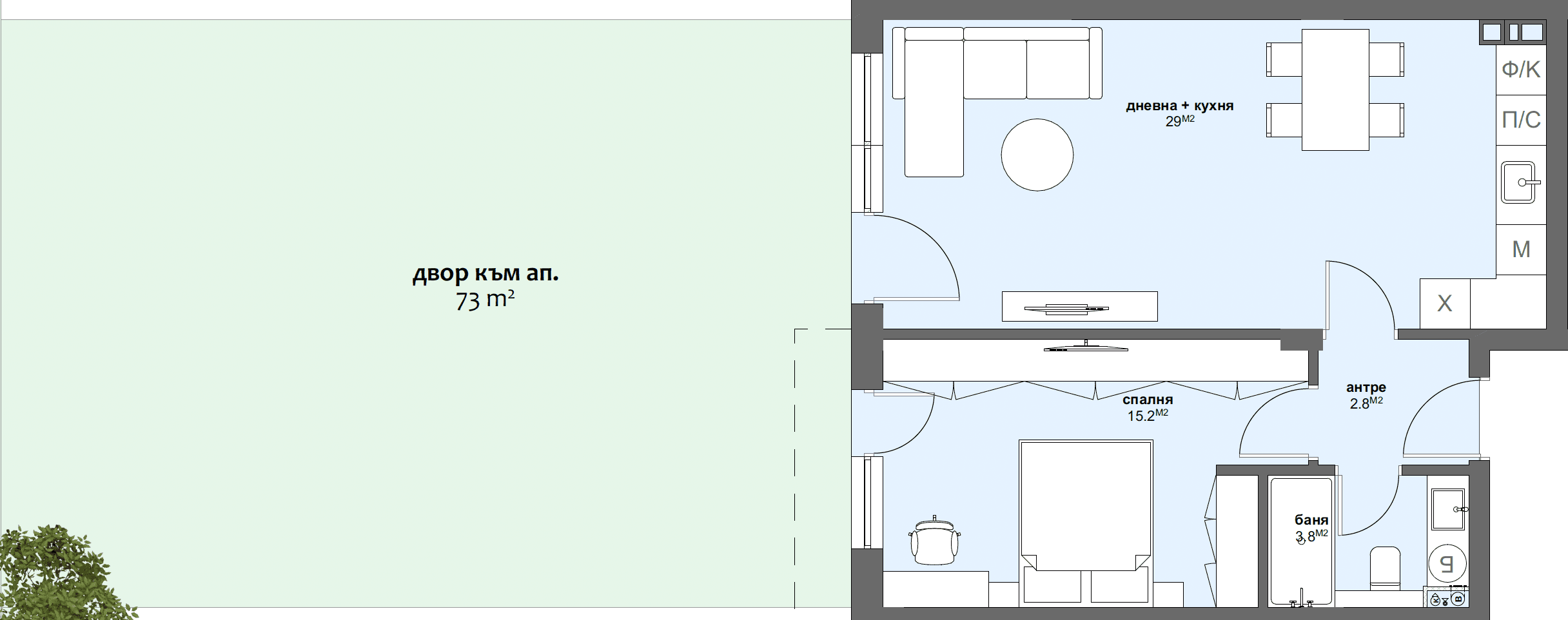 Apartment № A2 with garden 73.00 m2-graphic