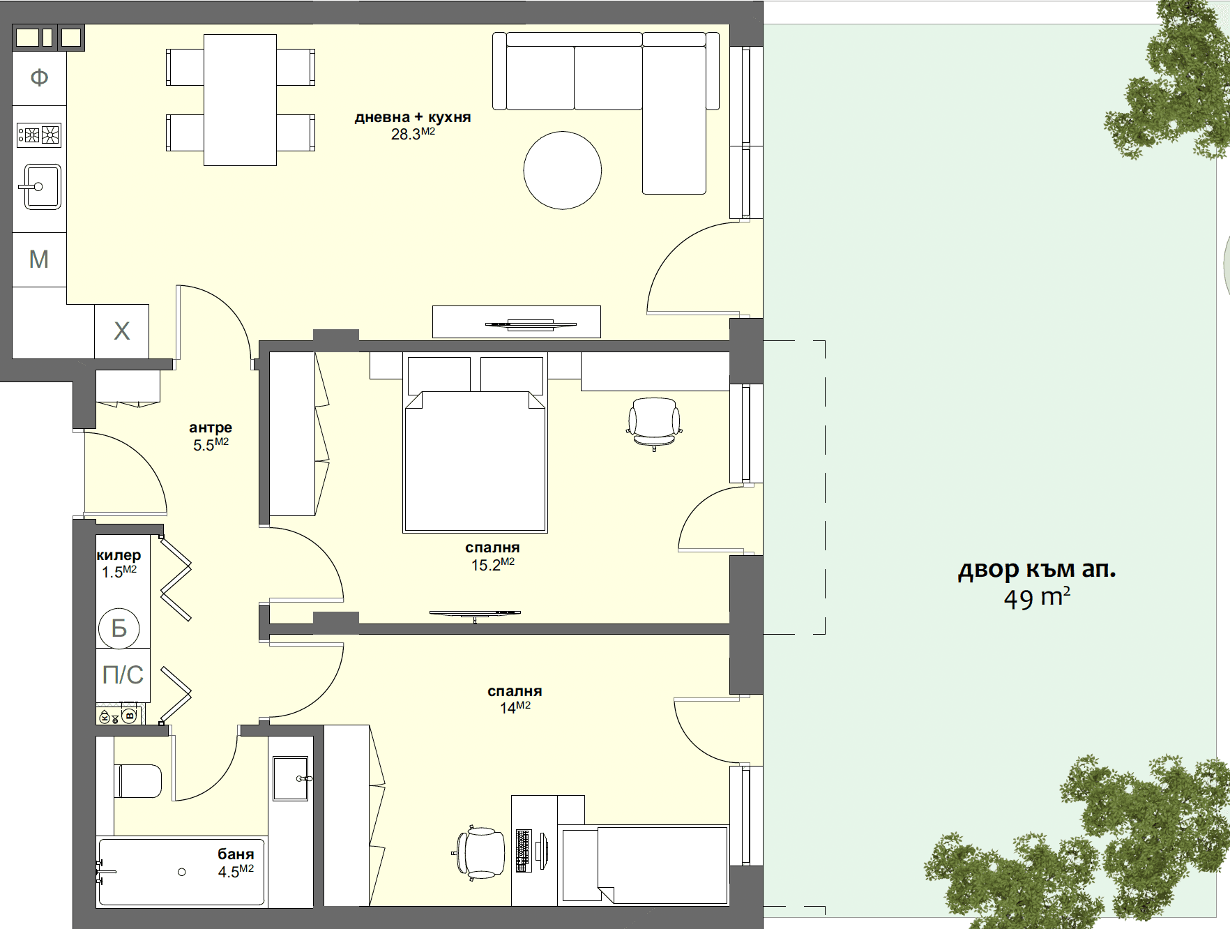 Apartment № A3 with garden 49.00 m2-graphic
