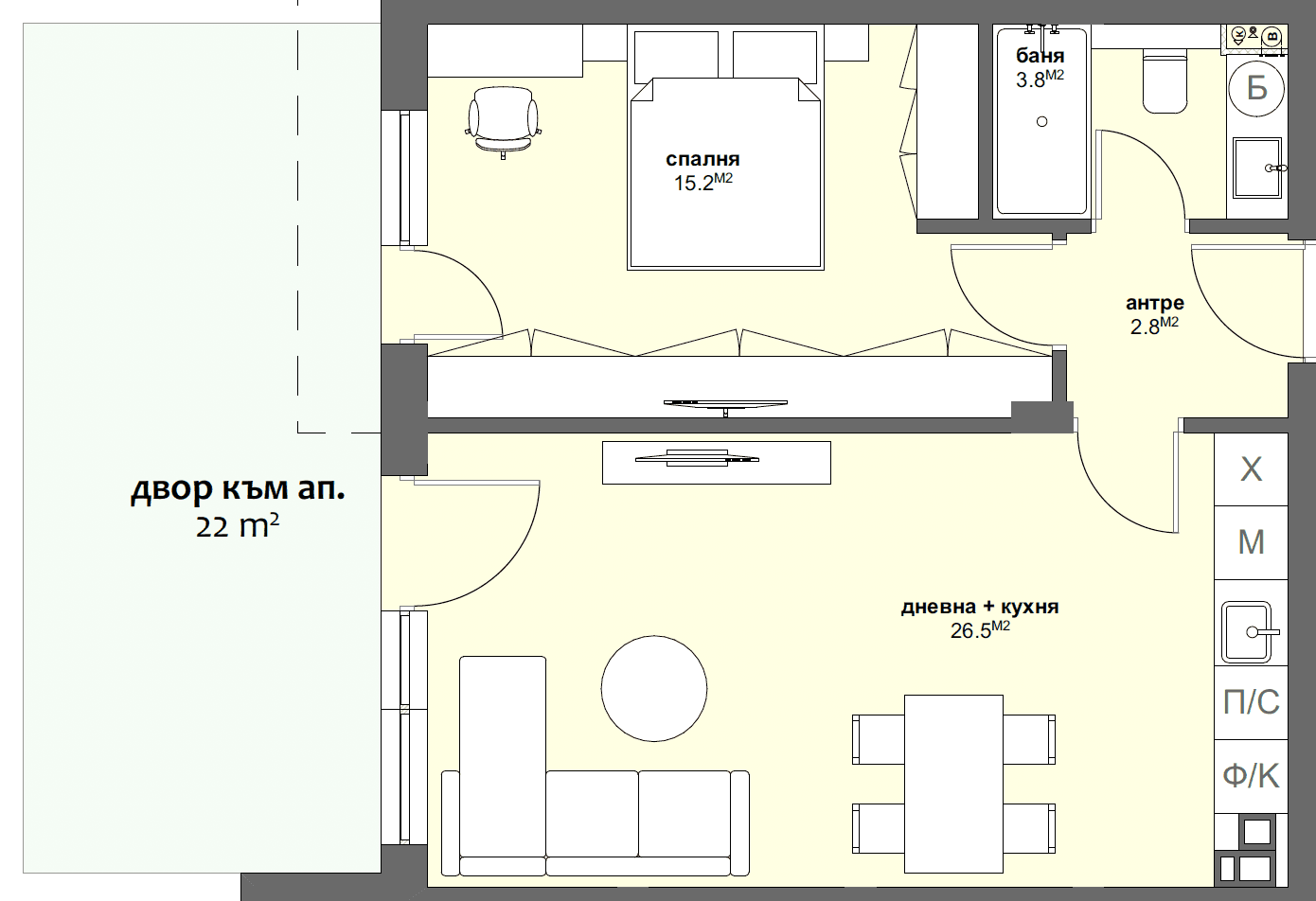 Apartment № B1 with garden 22.00 m2-graphic