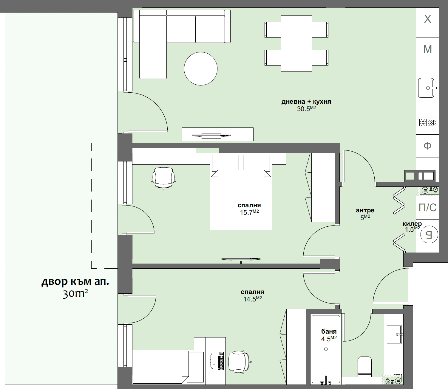 Apartment № B2 with garden 30.00 m2-graphic
