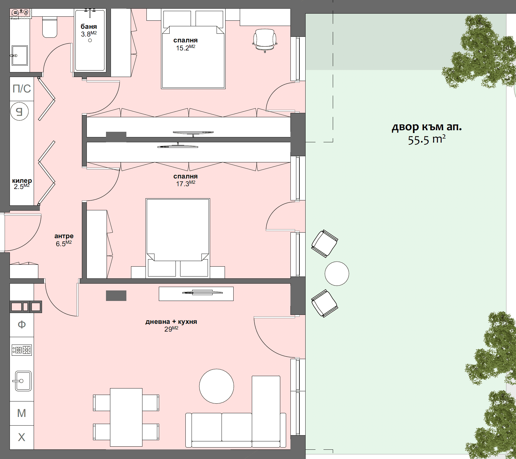 Apartment № B3 with garden 55.00 m2-graphic