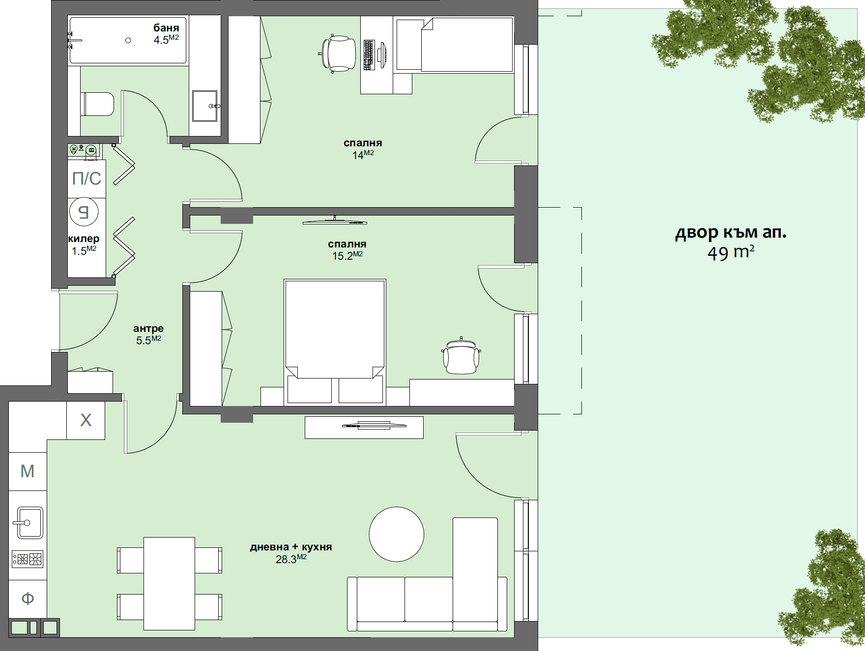 Apartment № B4 with garden 49.00 m2-graphic