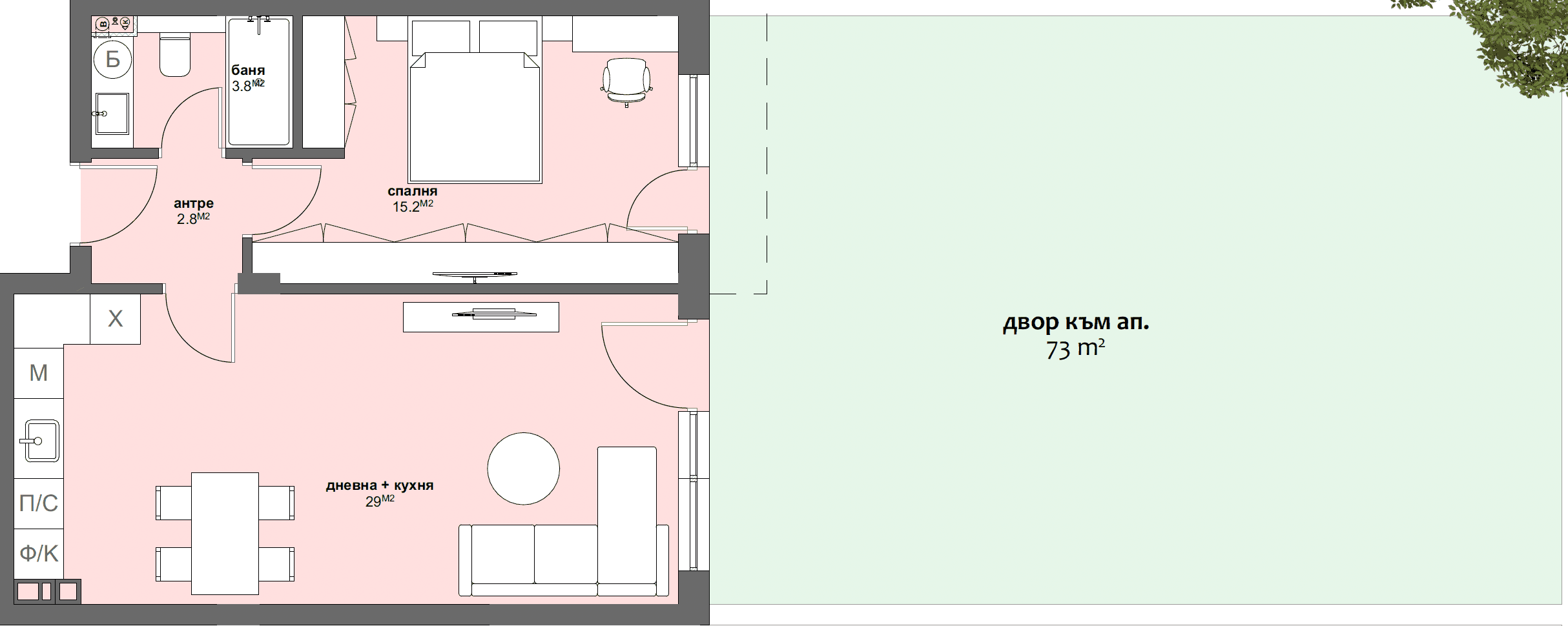 Apartment № C2 with garden 73.00 m2-graphic