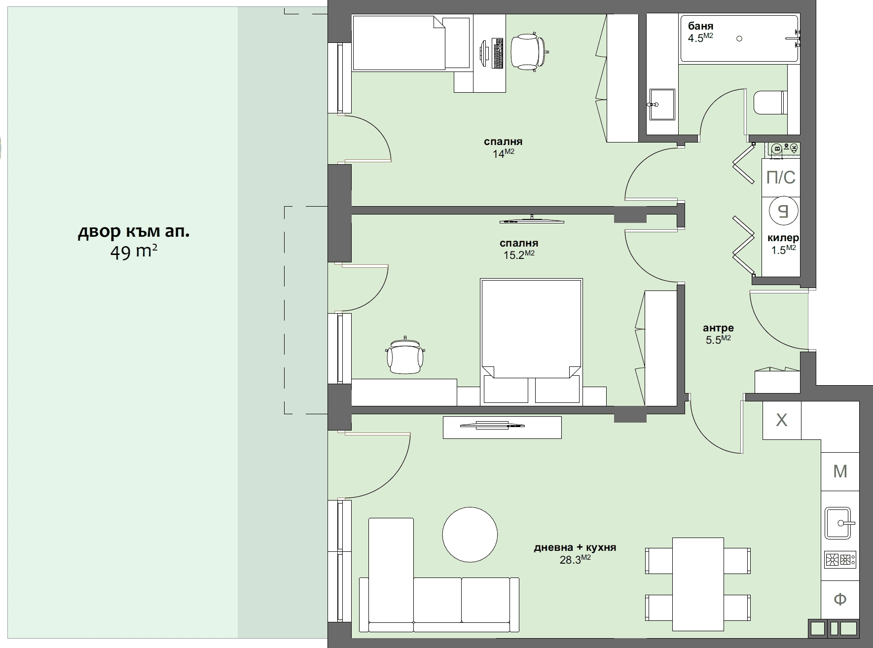 Apartment № C3 with garden 49.00 m2-graphic
