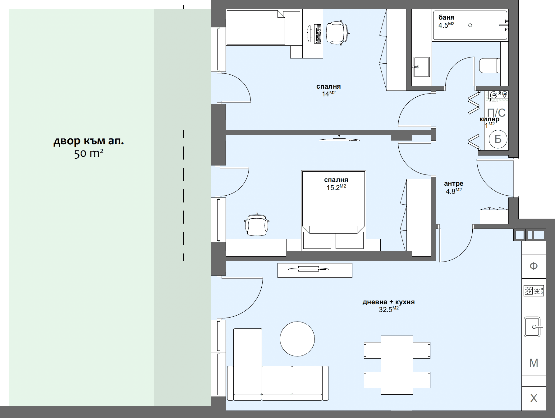 Apartment № D3 with garden 50.00 m2-graphic