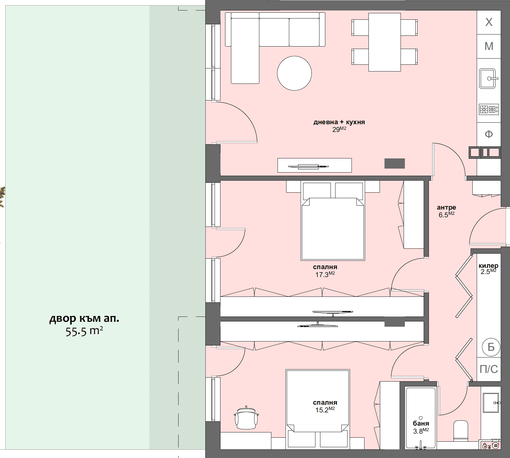 Apartment № D4 with garden 55.50 m2-graphic