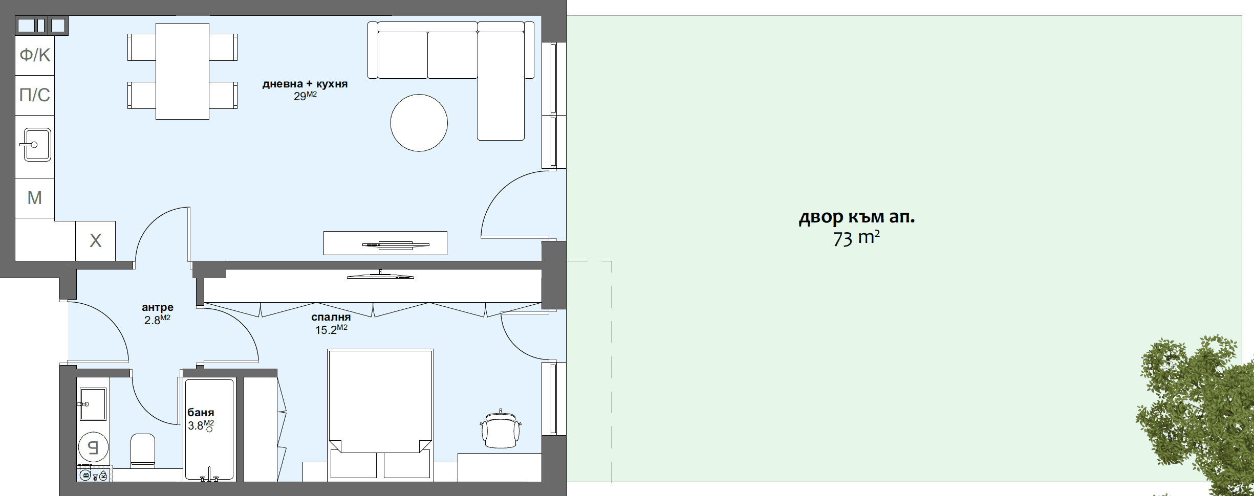 Apartment № D6 with garden 73.00 m2-graphic