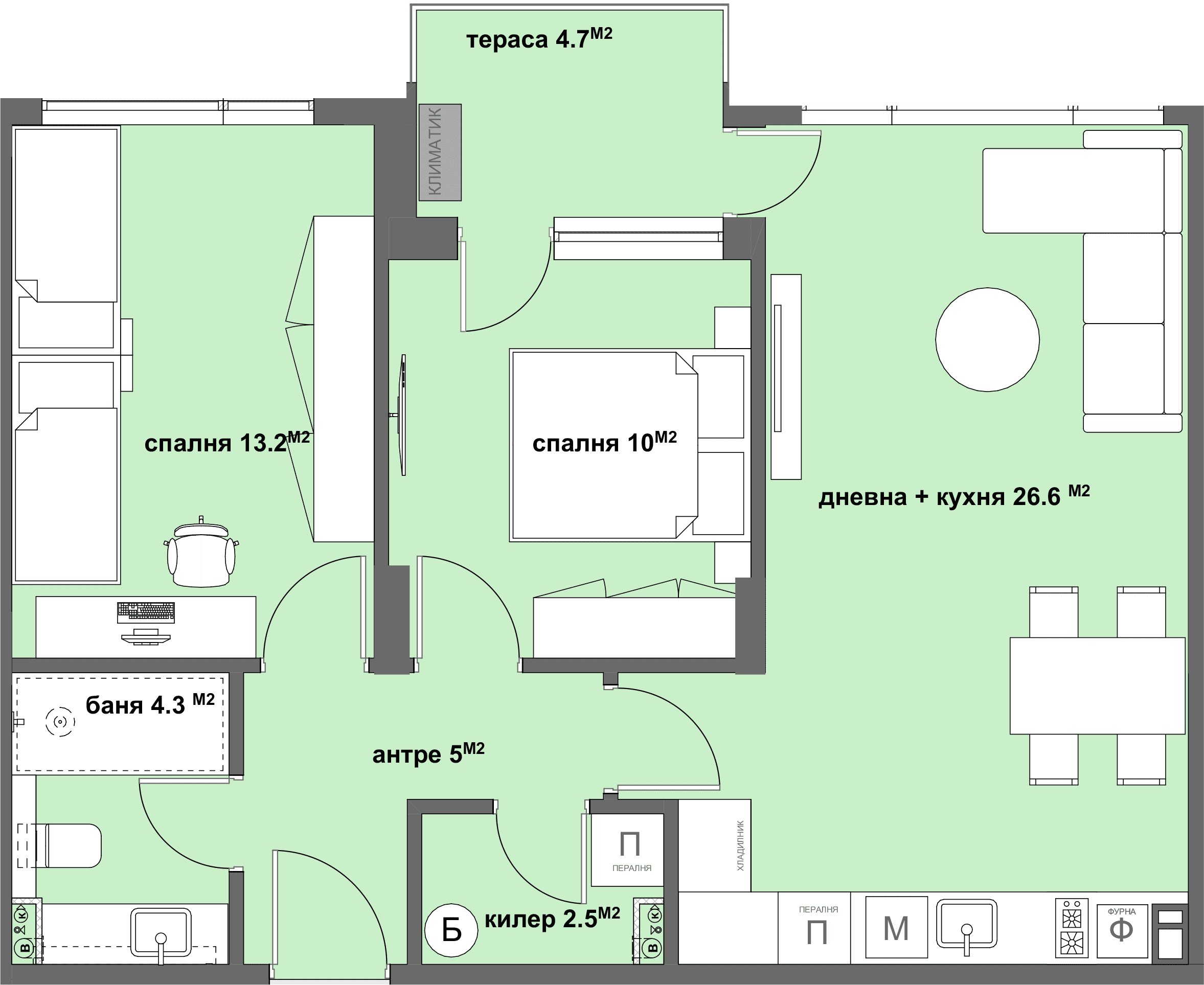 Apartment №1 с тераса - 62.32 м2-graphic