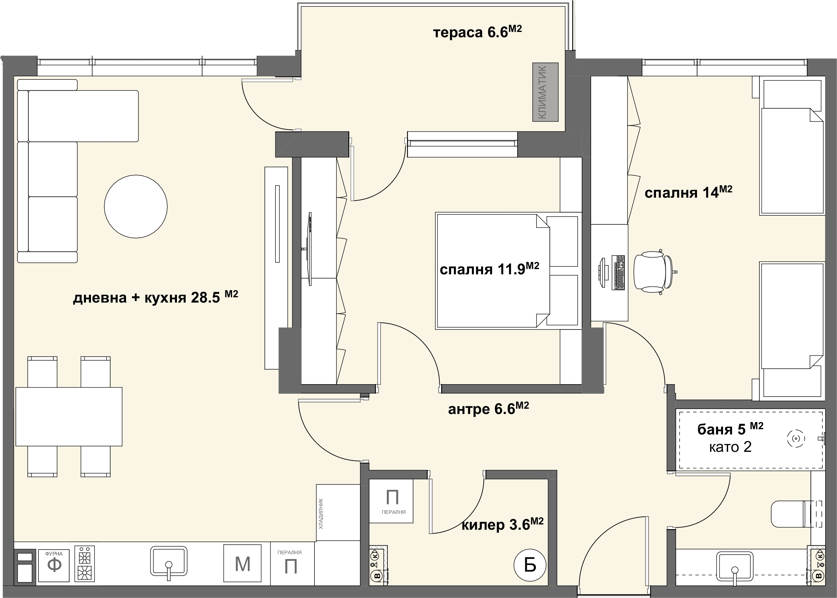 Apartment №2 с тераса - 45.28 м2-graphic